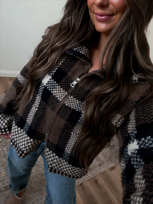 Coffee & Conversations Plaid Zip up - brown combo