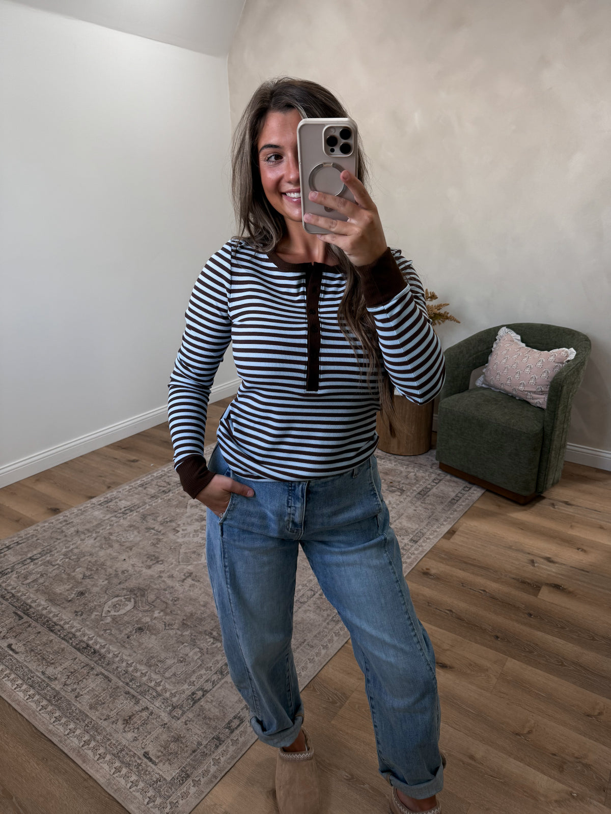 Lowkey Luxe Striped Henley Ribbed Top - light blue/brown