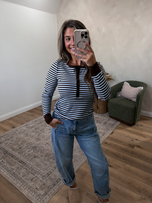 Lowkey Luxe Striped Henley Ribbed Top - light blue/brown
