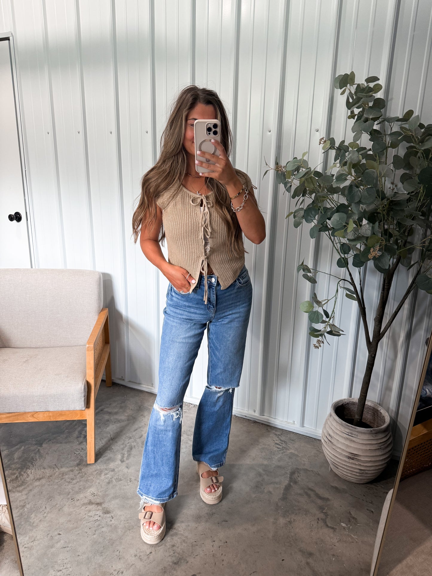 Front Tied Sleeveless Sweater- khaki