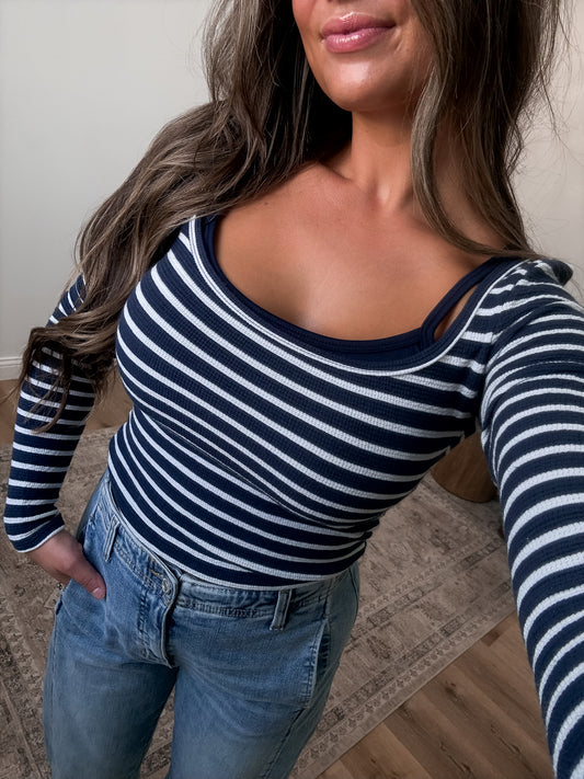 Softly Bold Tank Layered Striped Top - navy/off white