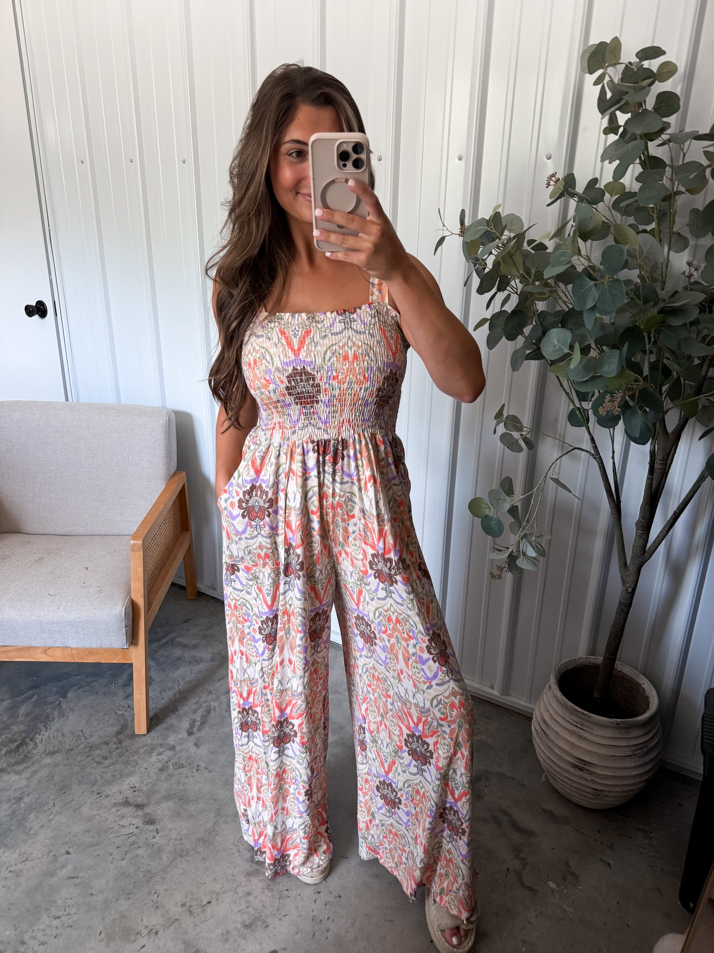 Sierra Smocked Jumpsuit- taupe multi