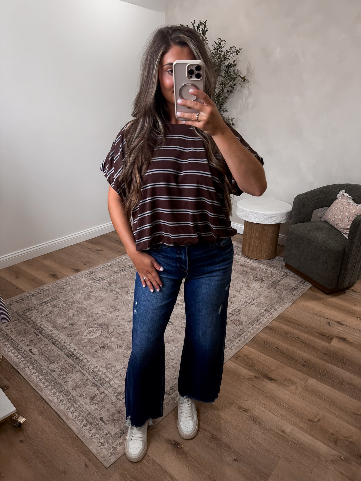 Monica Striped Bubble Top - brown