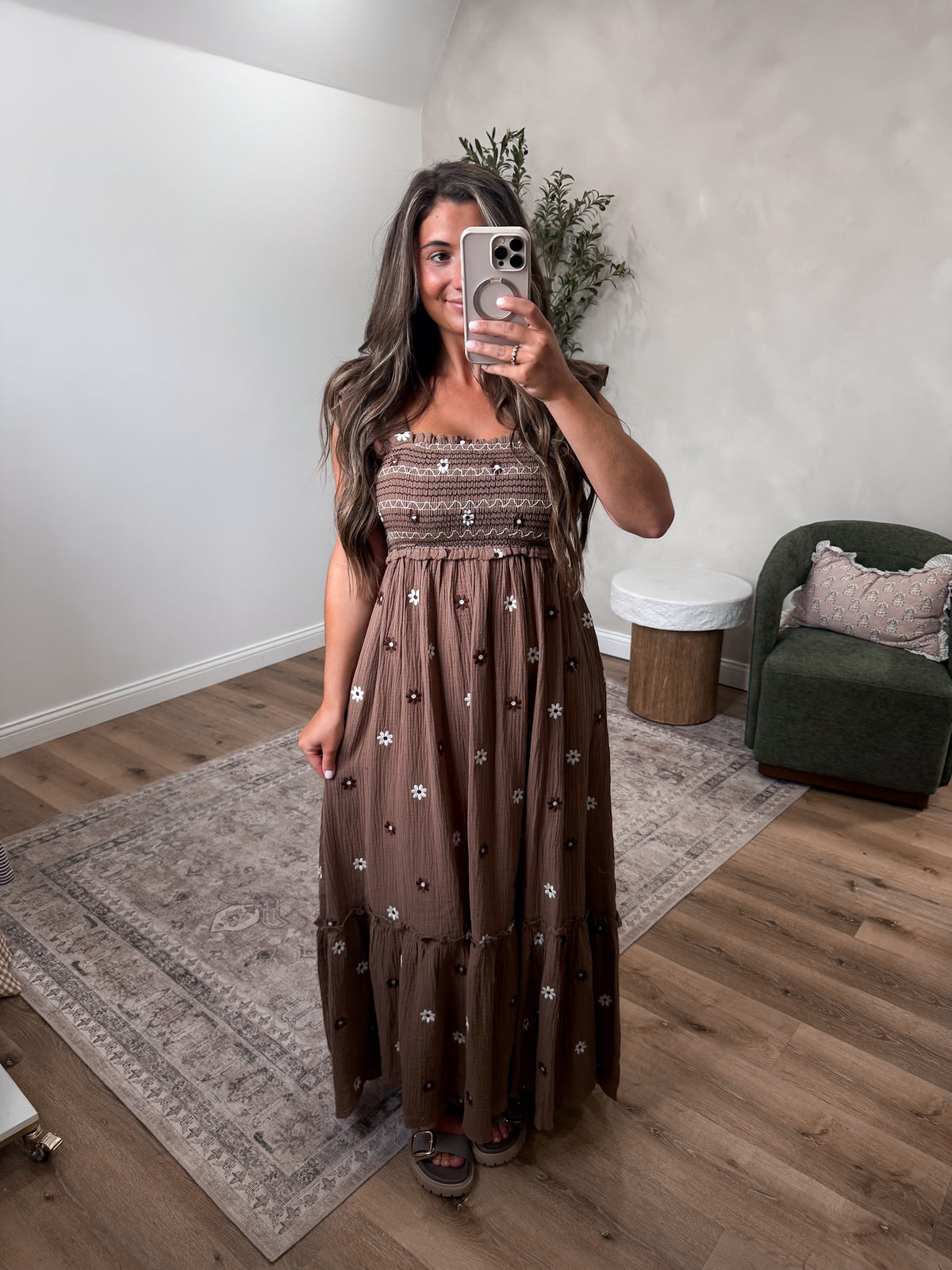 Rowan Floral Embroidered Maxi Dress - brown