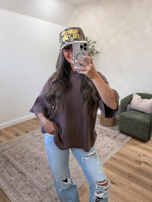 Waffle Knit Oversized Washed Tee - dark brown
