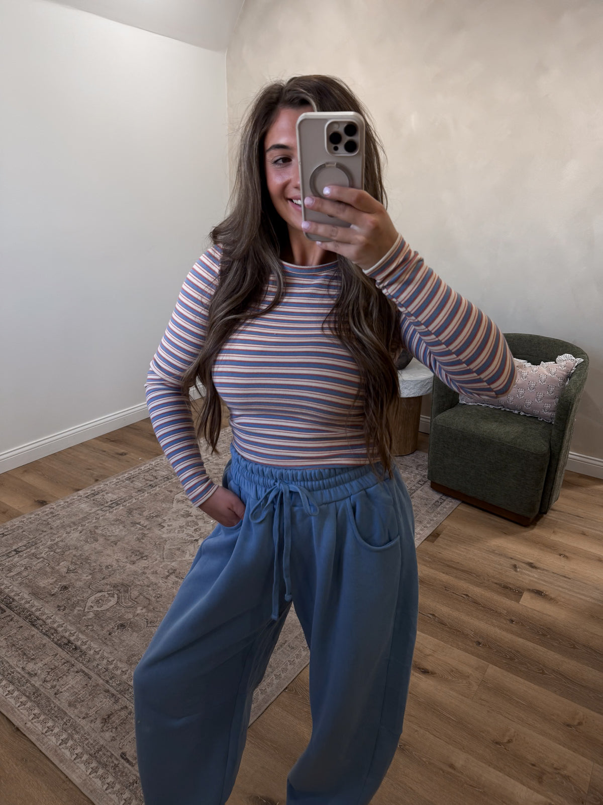 Carley Striped Fitted Long Sleeve - cream/blue multi