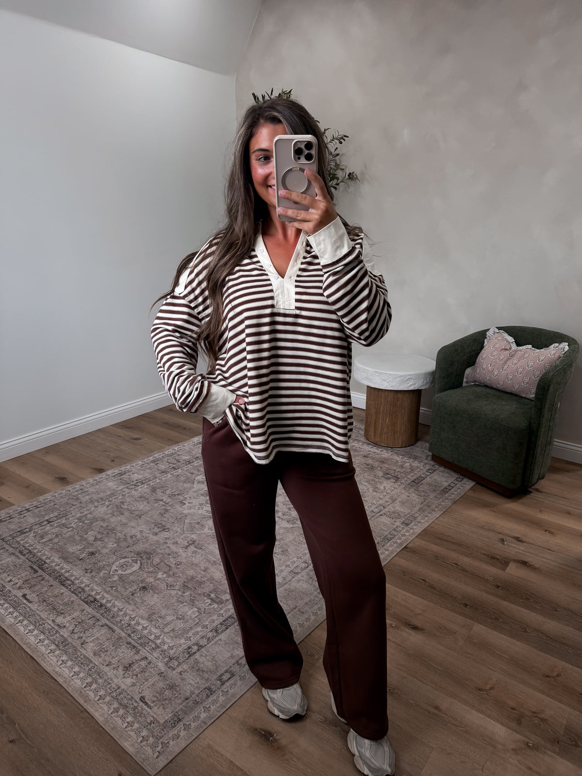 Stefani Striped Henley Pullover - chestnut