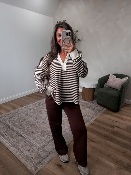 Stefani Striped Henley Pullover - chestnut