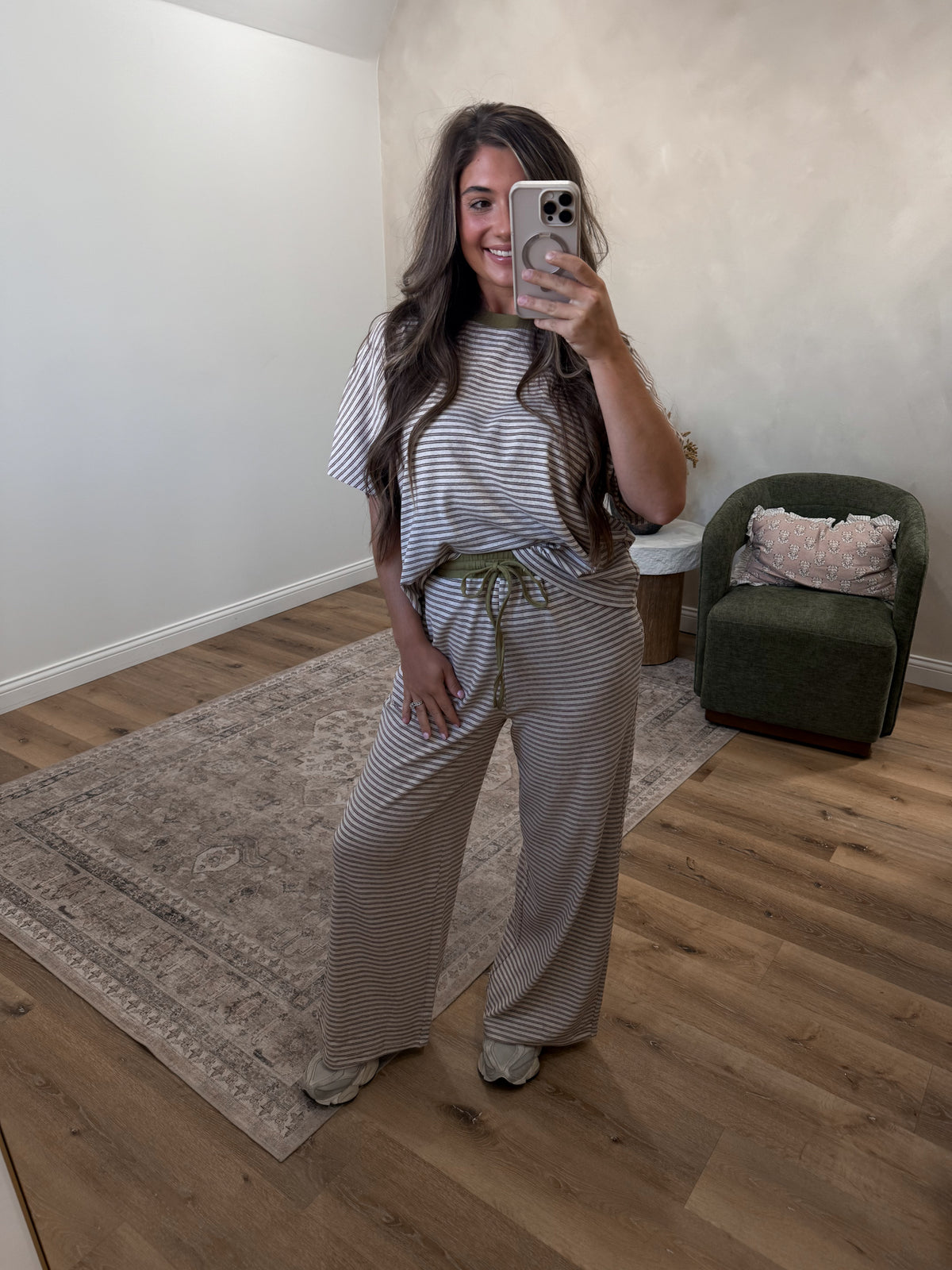 Lydia short sleeve Striped Lounge Set - oatmeal