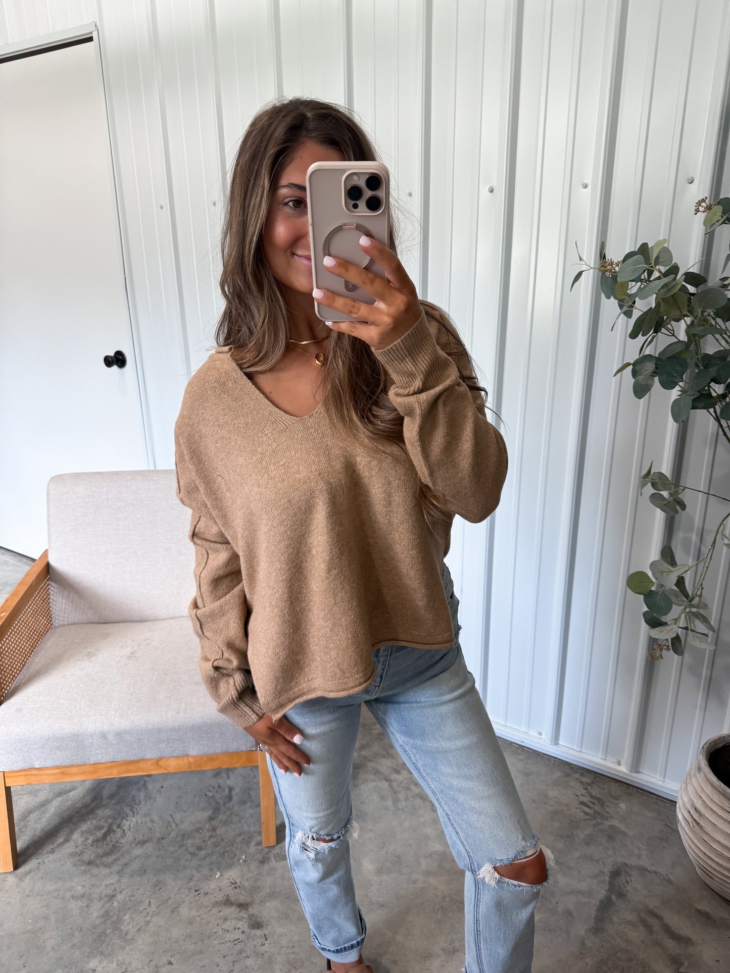 Elsa Exposed Seam Knit Sweater- Almond