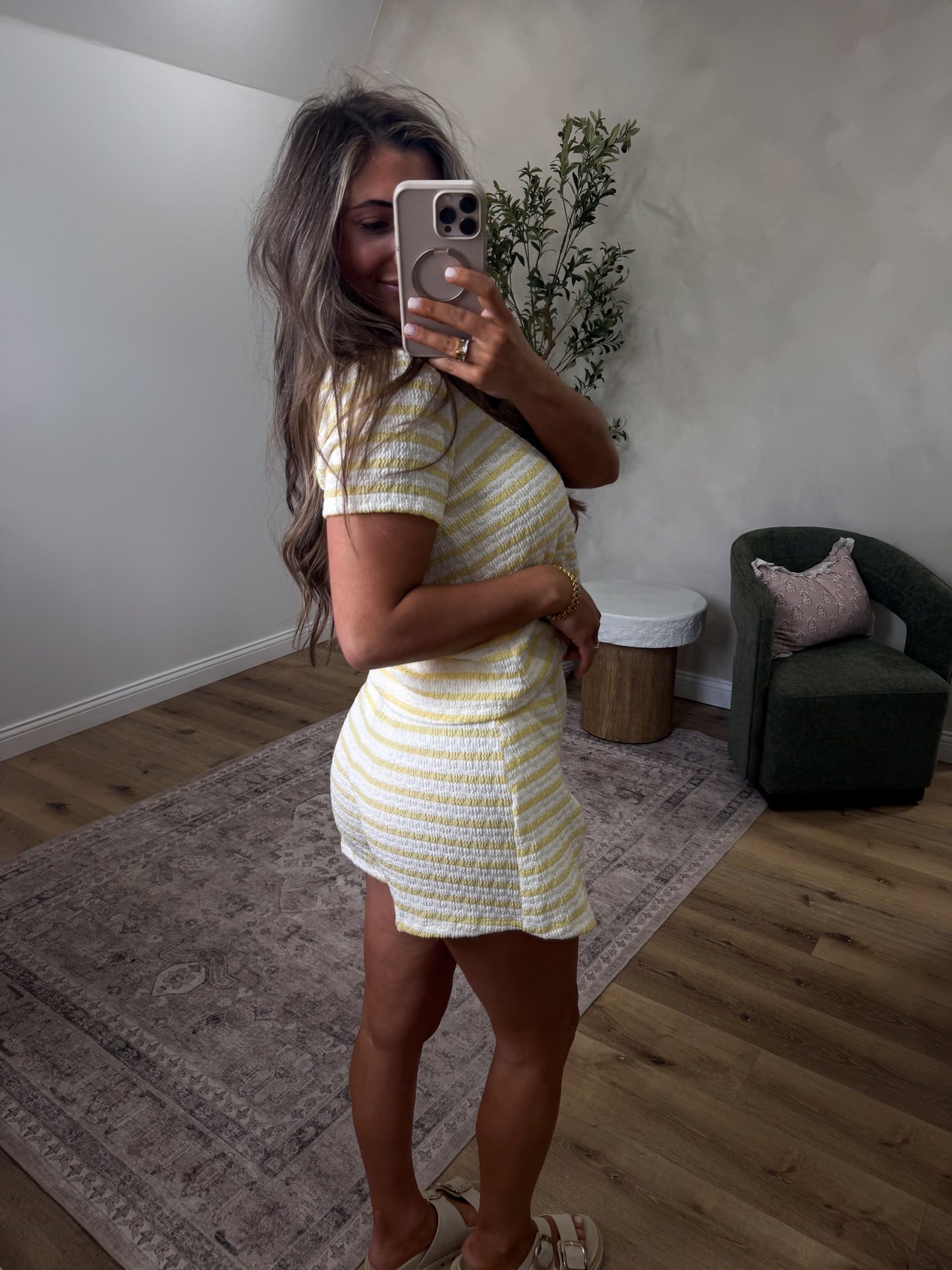 Lemon Kiss Textured Stripe Skort Set - ivory/yellow