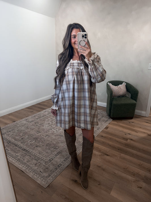 Bridget Plaid Babydoll Mini Dress - taupe/brown *SURPRISE ITEM*