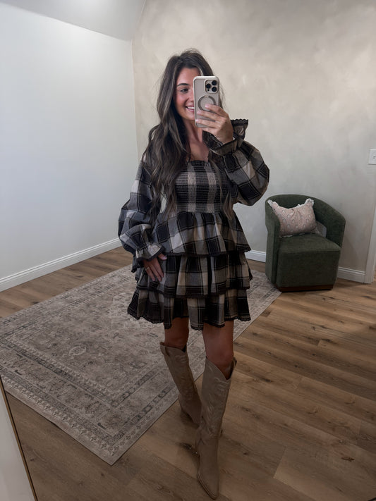 Sami Plaid Smocked Mini Dress - dark brown *SURPRISE ITEM*
