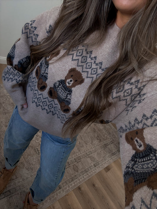 Holiday Bear Knit Sweater - khaki