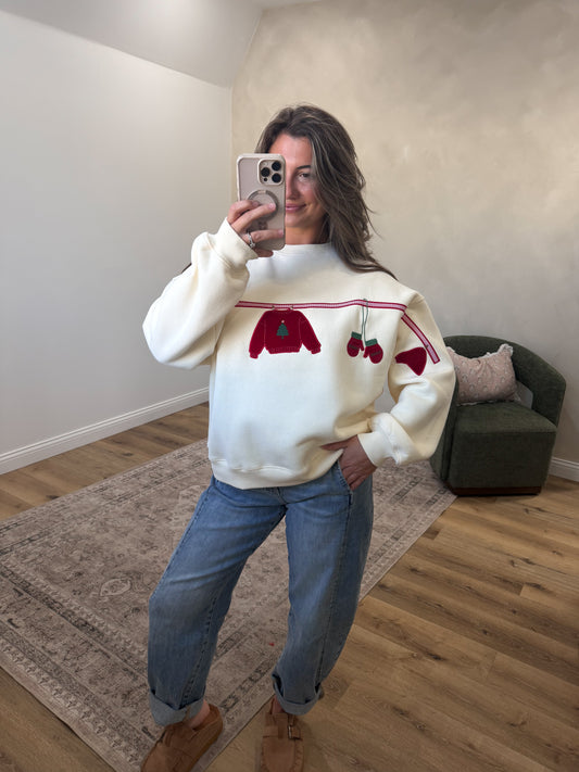 Christmas Clothesline Embroidered Pullover - cream