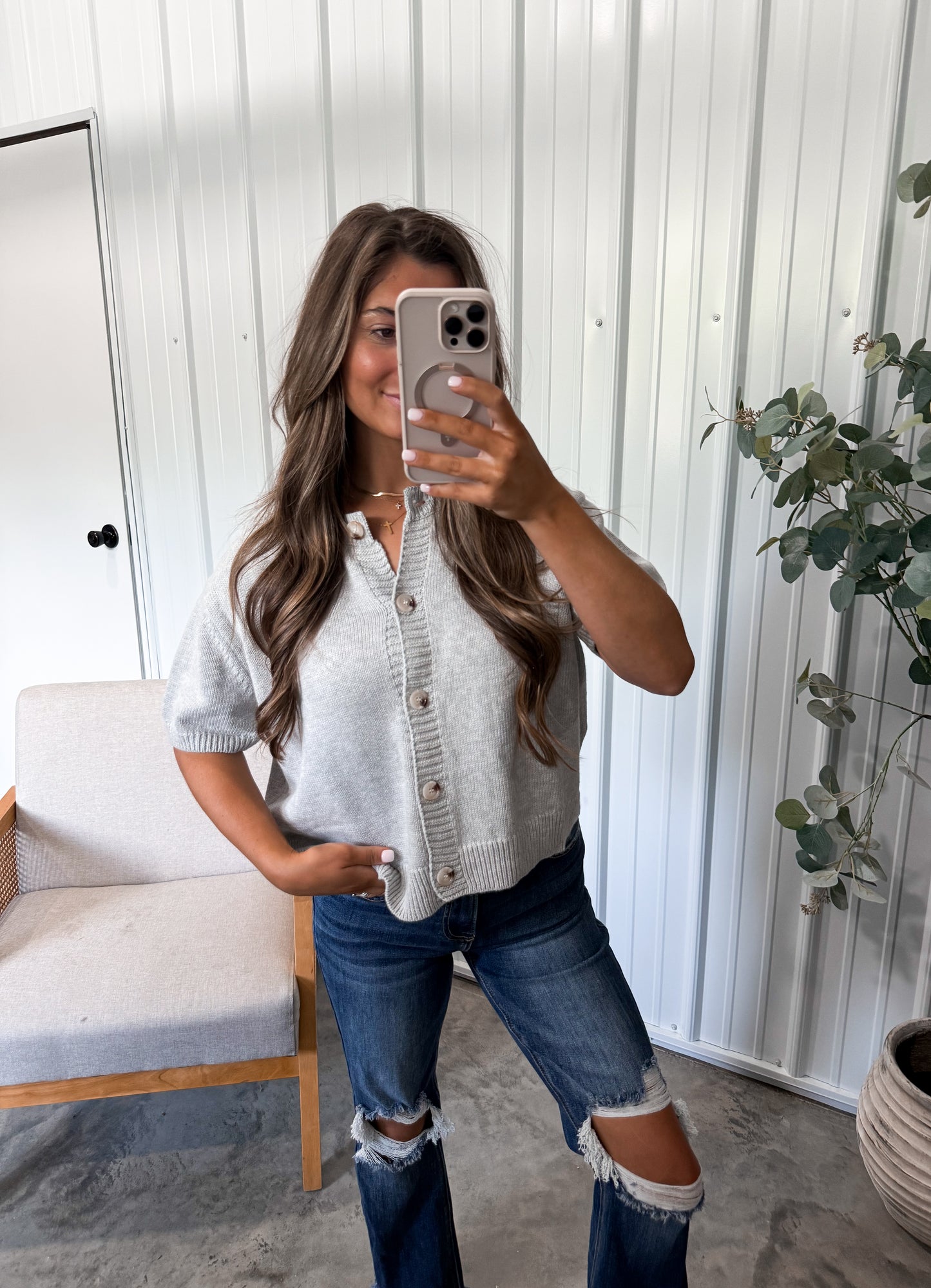 Heather Short Sleeve Cardigan- grey
