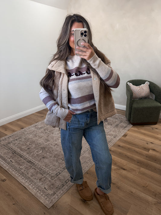 ho ho ho Long Sleeve Striped Sweater - mauve multi