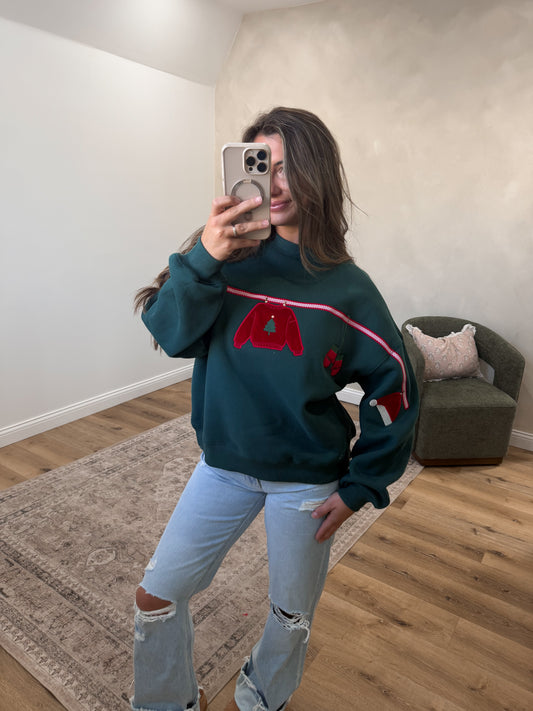 Christmas Clothesline Embroidered Pullover - dark green