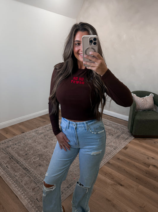 Ho Ho Howdy Embroidered Long Sleeve - brown