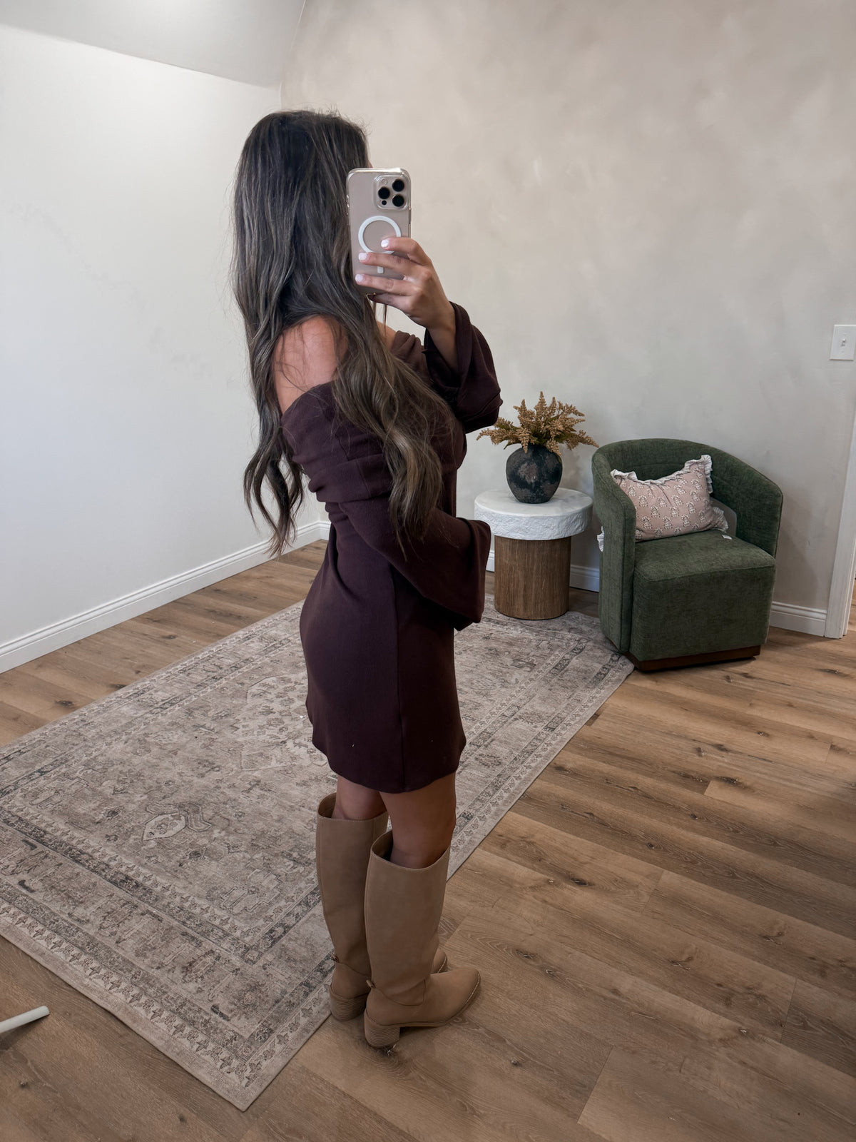 Toasty Thoughts Off Shoulders Sweater Dress - brown