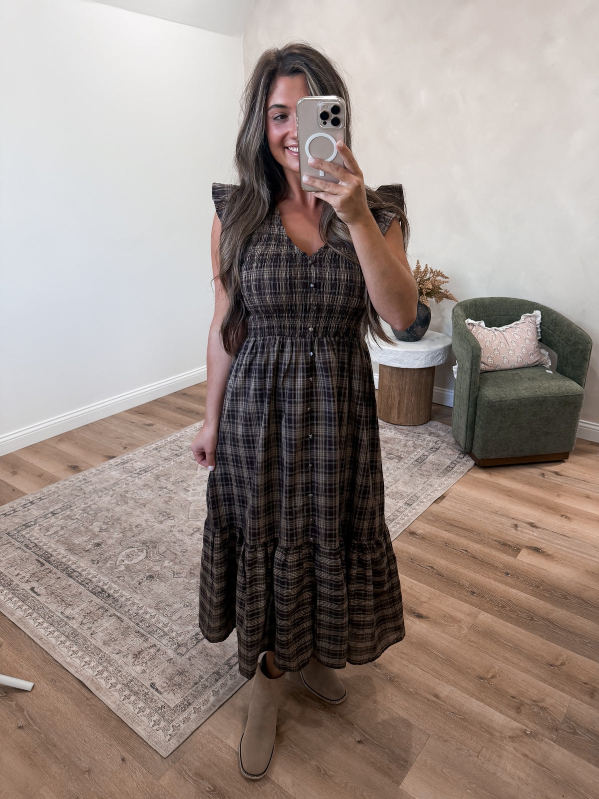 Poetry in Plaid Ruffle Midi Dress - brown