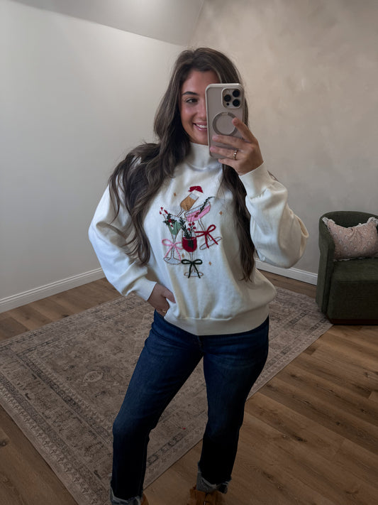 Christmas Cocktails Mock Neck Pullover - cream