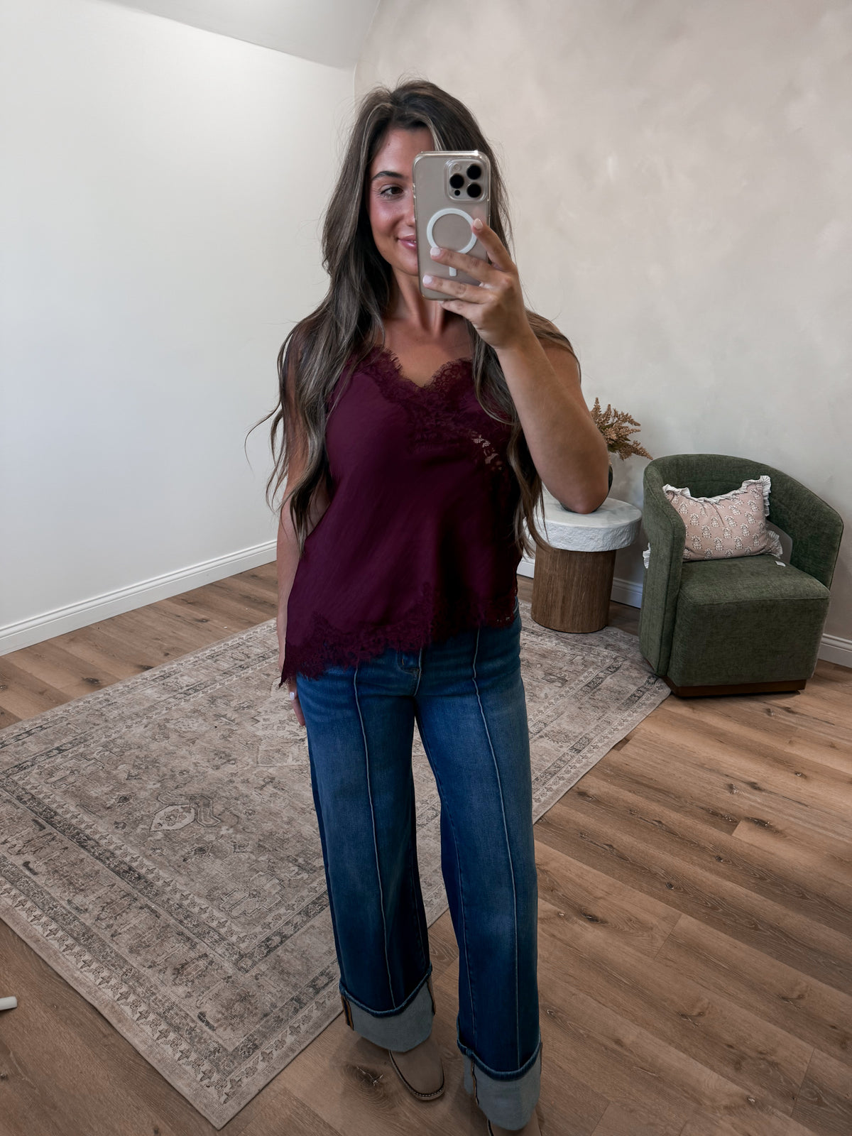 Signature Style Asymmetrical Lace Tank - burgundy