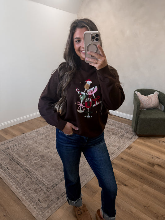 Christmas Cocktails Mock Neck Pullover - brown