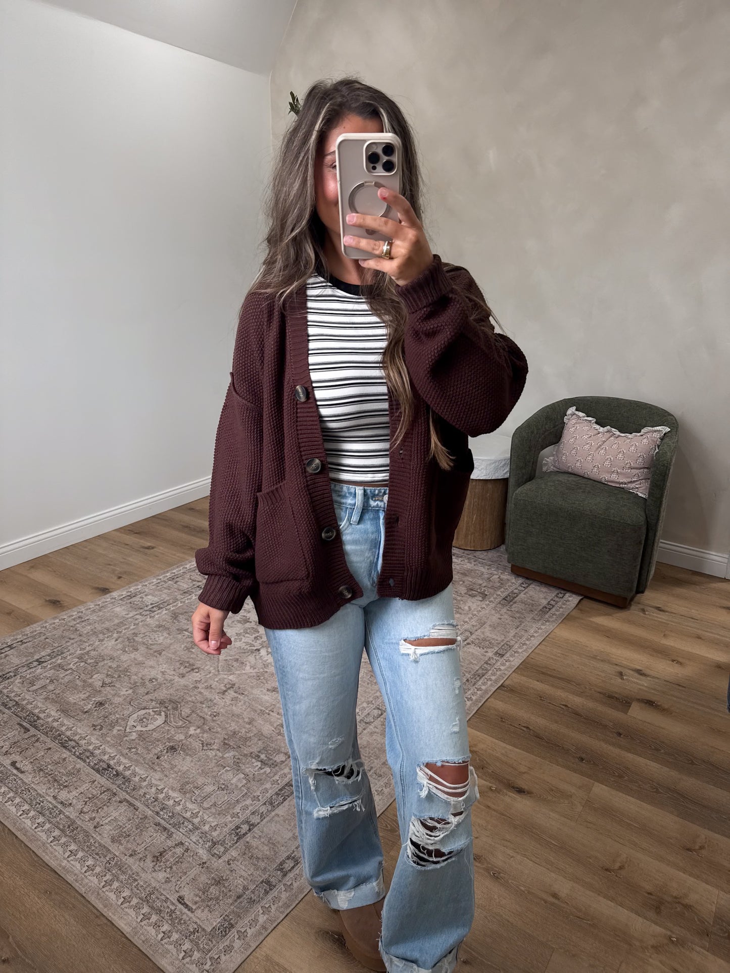 Abby Textured Knit Cardigan - dark brown