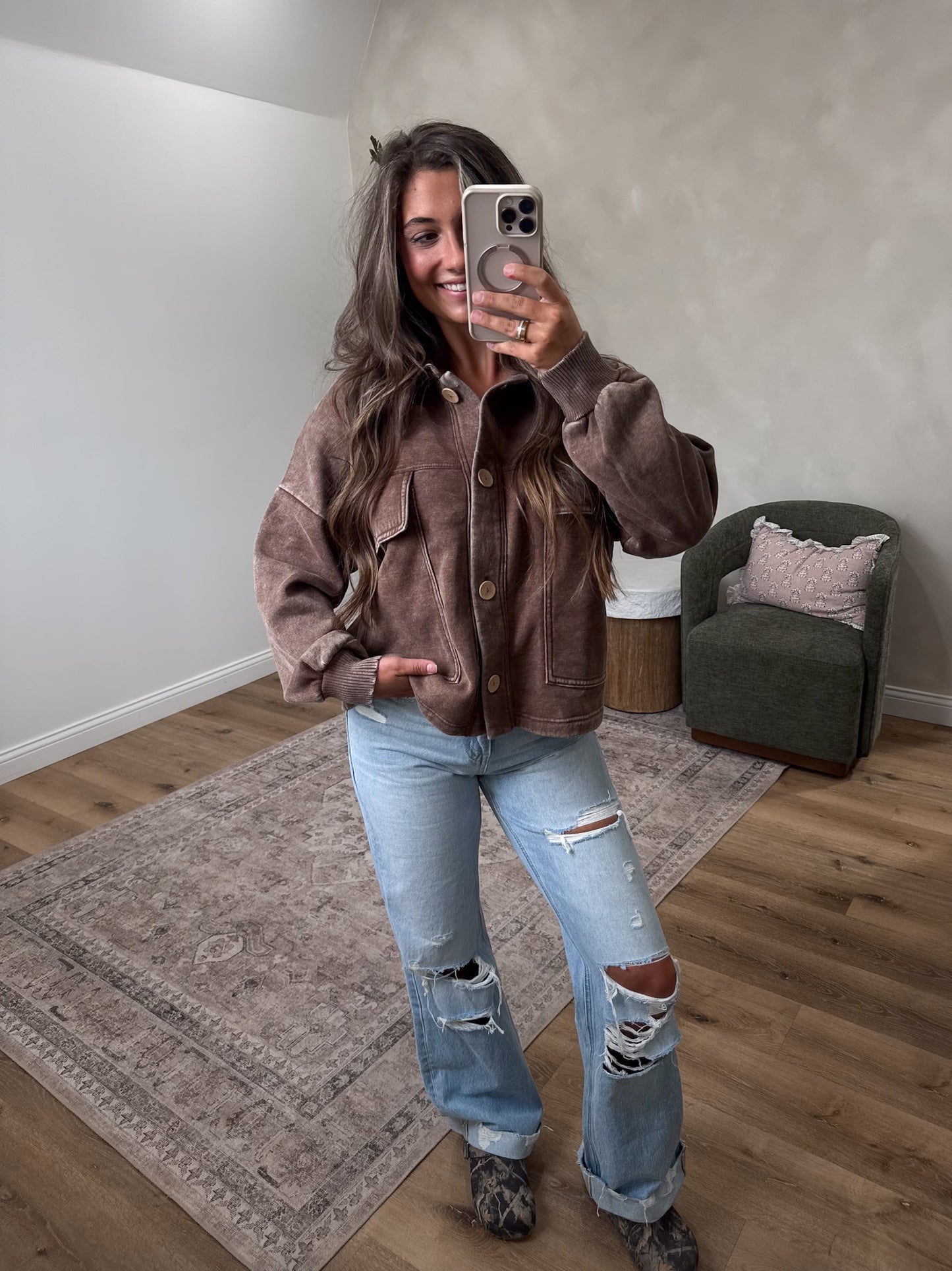 Jenna Washed Fleece Layering Jacket - mocha
