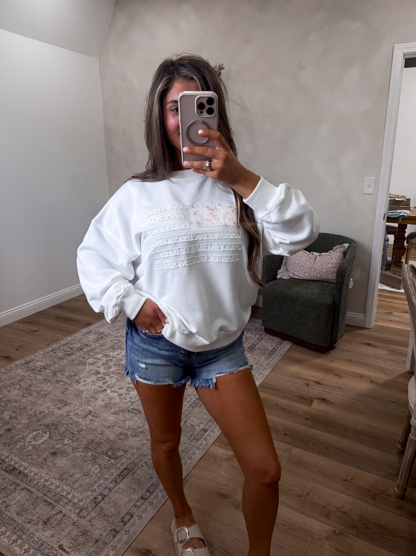 Floral American Flag Oversized Pullover - white