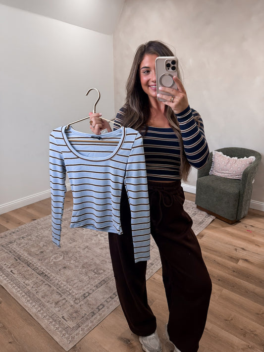 Everyday Rotation Scoop Neck Striped Long Sleeve - dusty blue