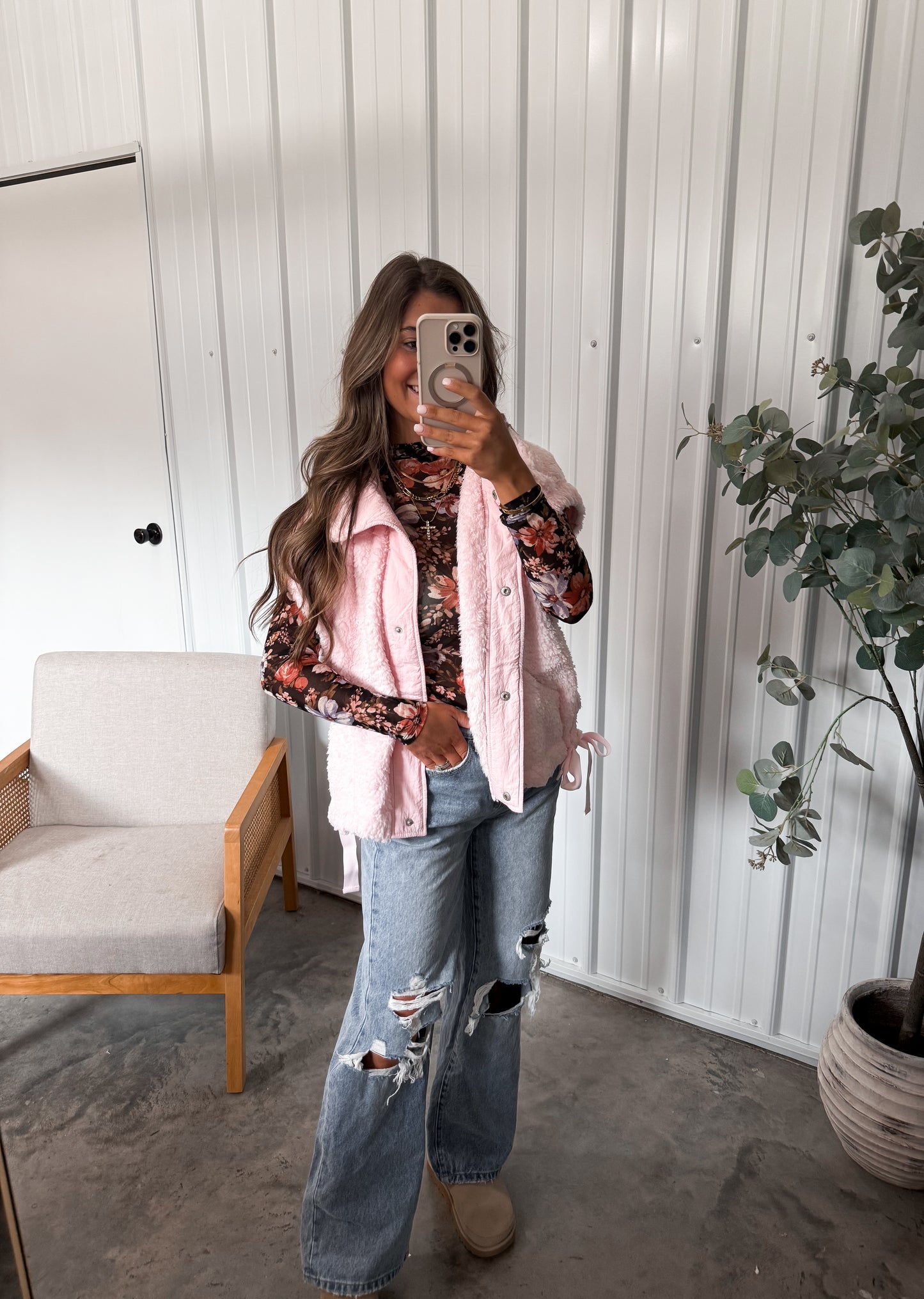 Side Tie Cozy Vest- Strawberry Milkshake