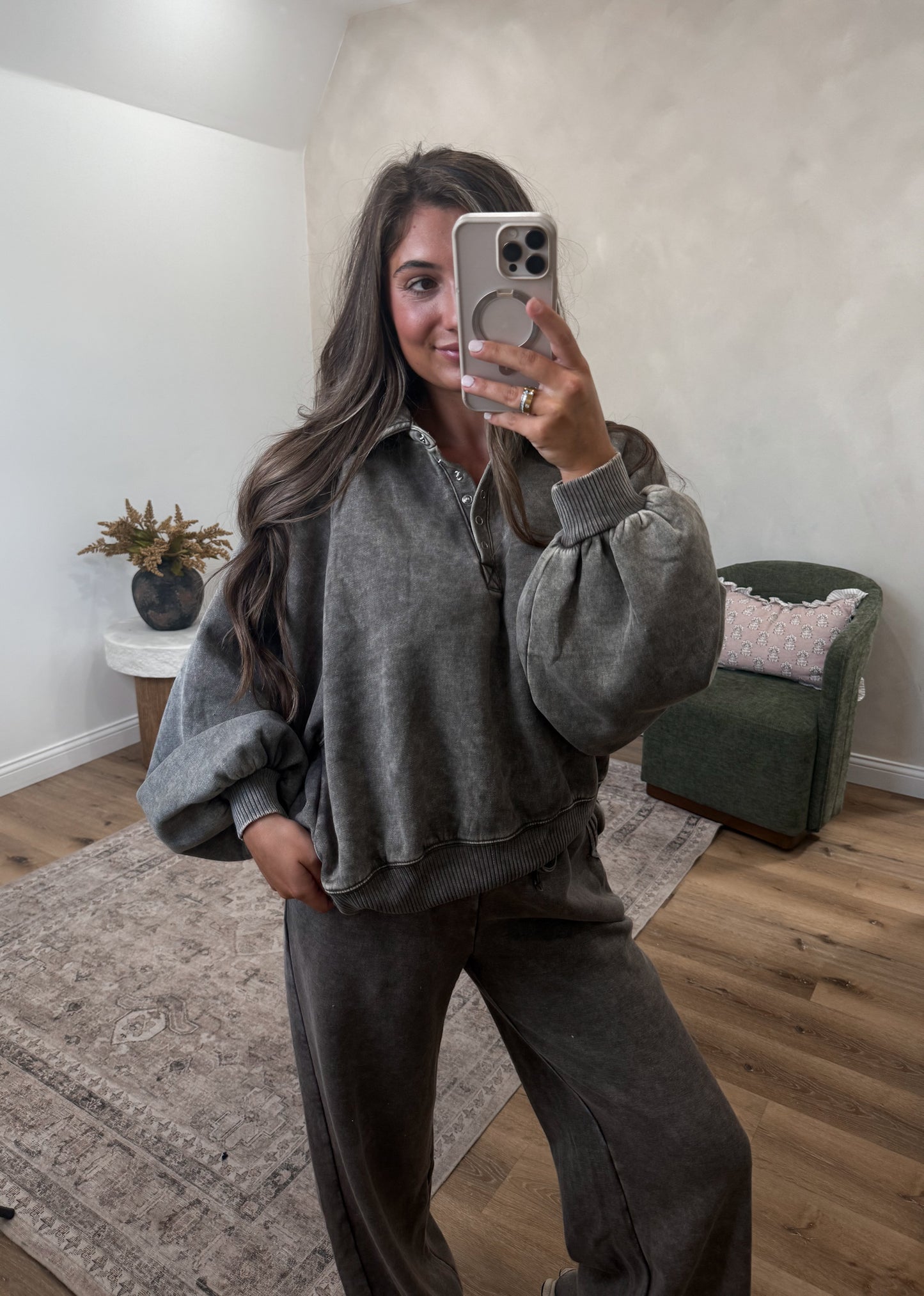 Megan Button Up Pullover - dark olive