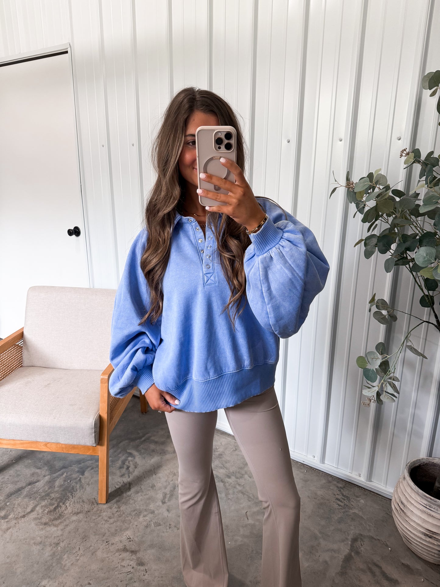 Megan Button Up Pullover - Peri Blue