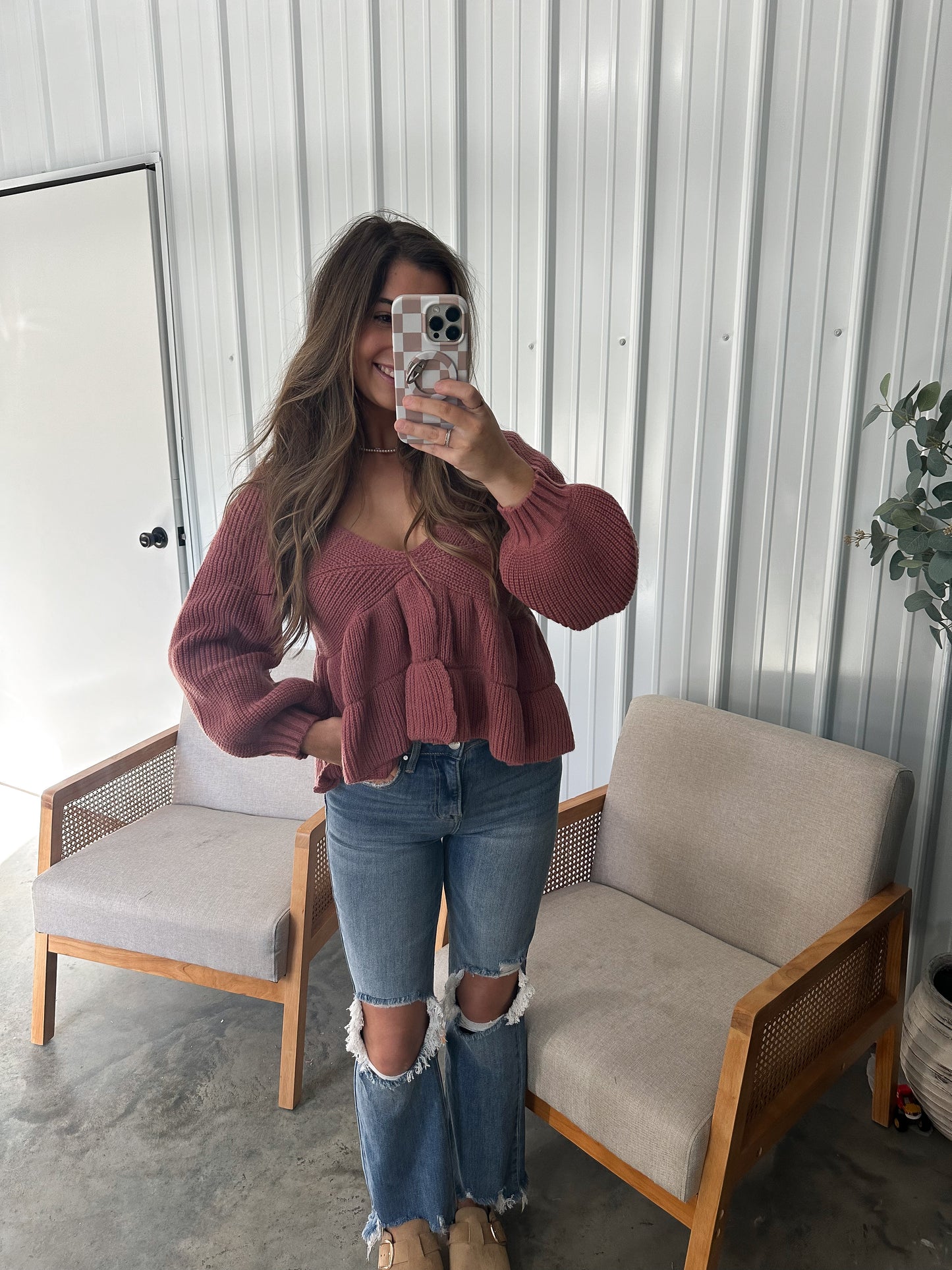 Knit Peplum Blouse- Mauve