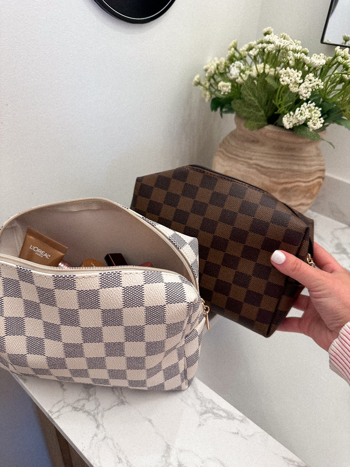 Luxe Leather Checkered Cosmetic Bag - 2 Shades