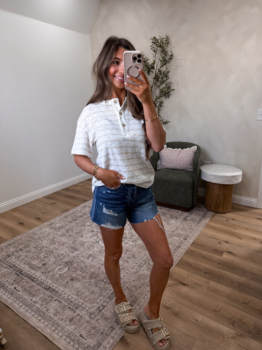 Quinn Striped Henley Top - taupe