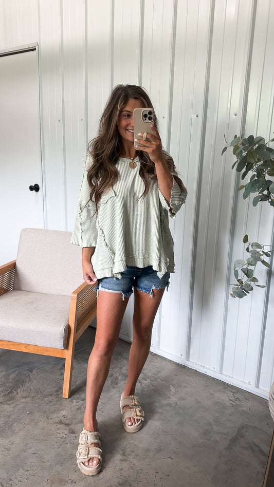 Denai Distressed Pullover- light sage