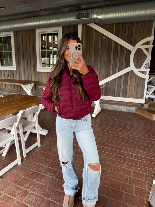 Hooded Light Puffer Jacket- Burgundy
