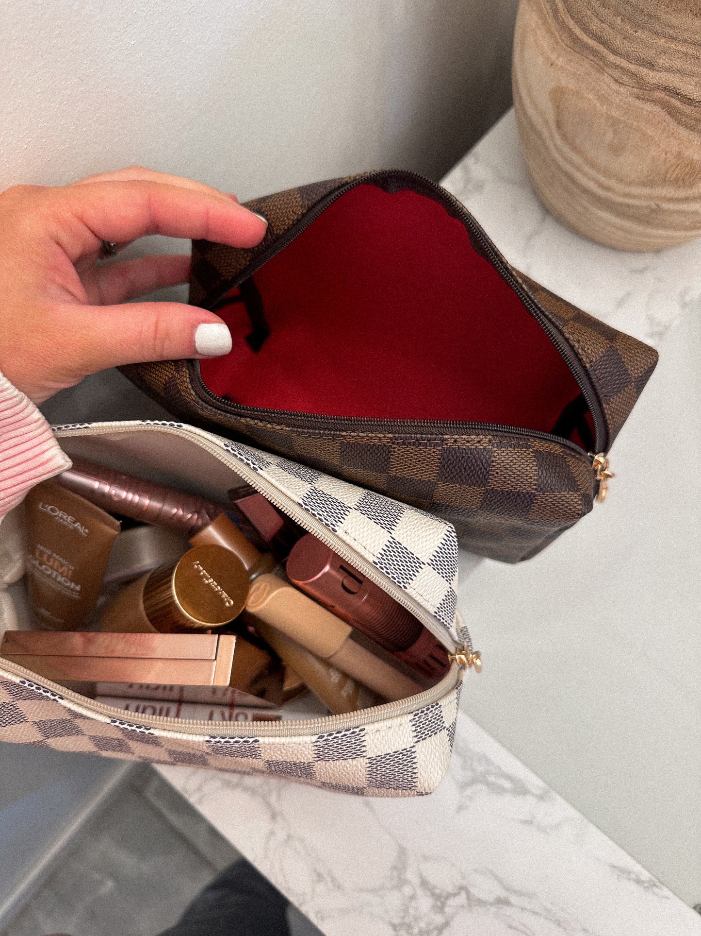 Luxe Leather Checkered Cosmetic Bag - 2 Shades