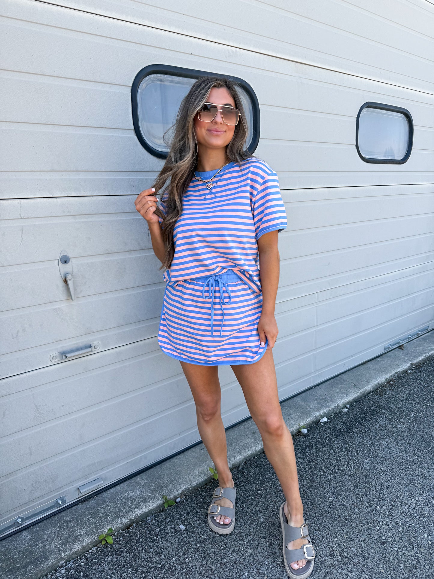 Summer Waves Striped Skort Set - blue/pink