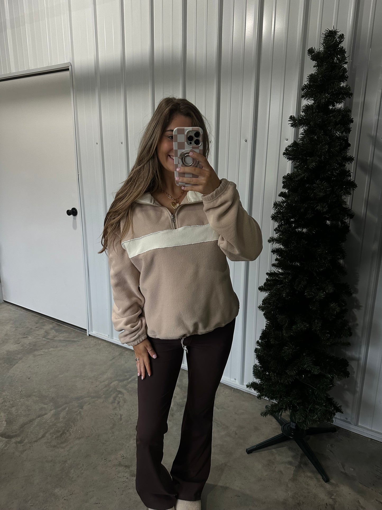 Kasie Fleece Collared Pullover- Taupe