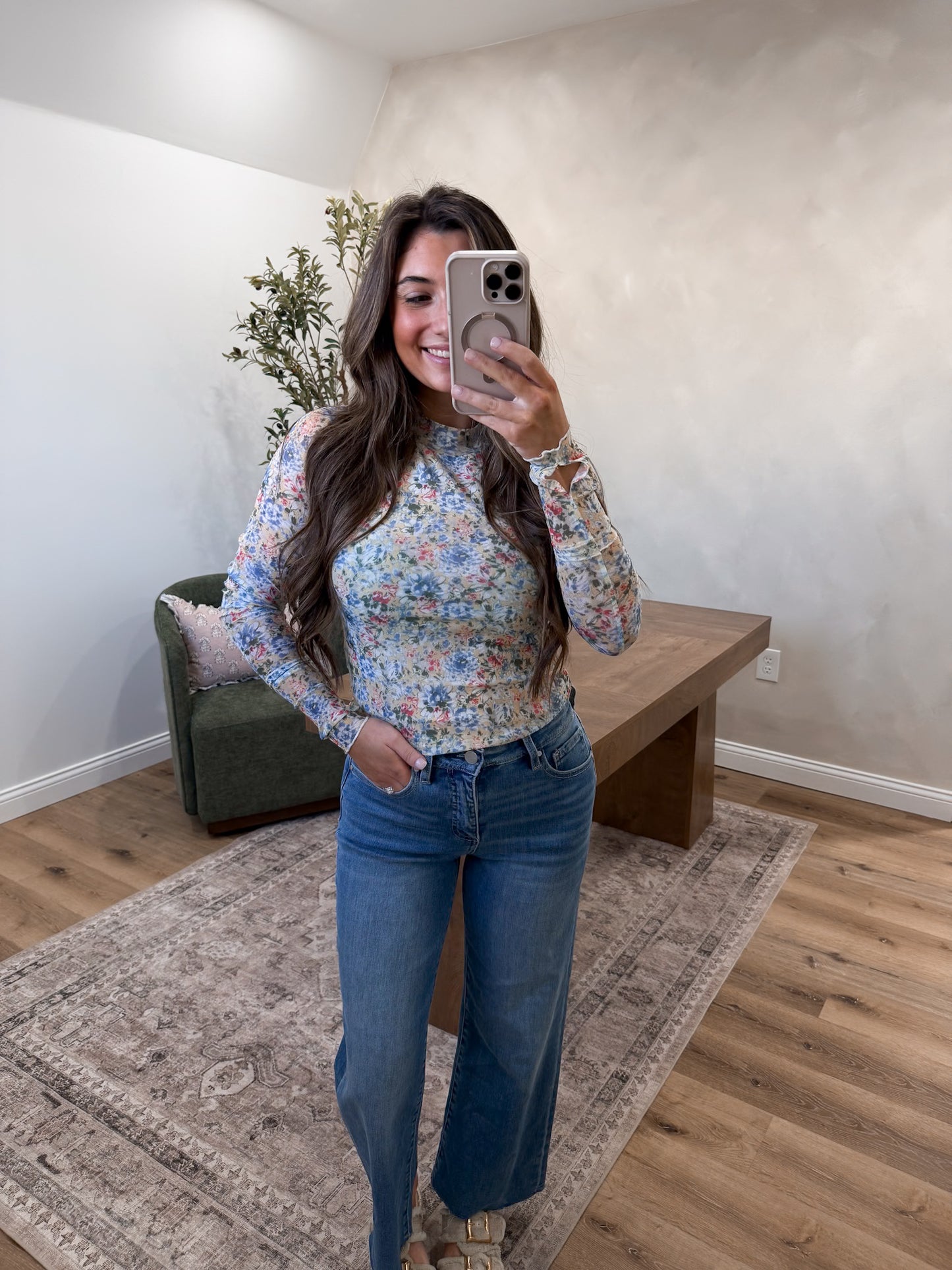 Tiffany Floral Mesh Long Sleeve Top - misted yellow