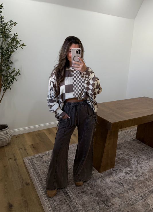 Boho Washed Bow Detail Pants- Espresso