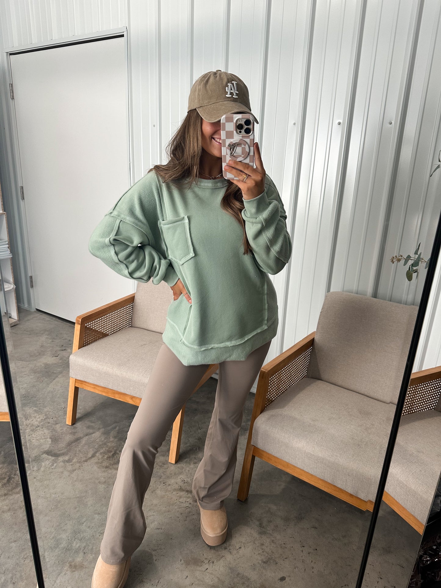 Contrast French Terry Knit Oversized Comfy Top - Seafoam