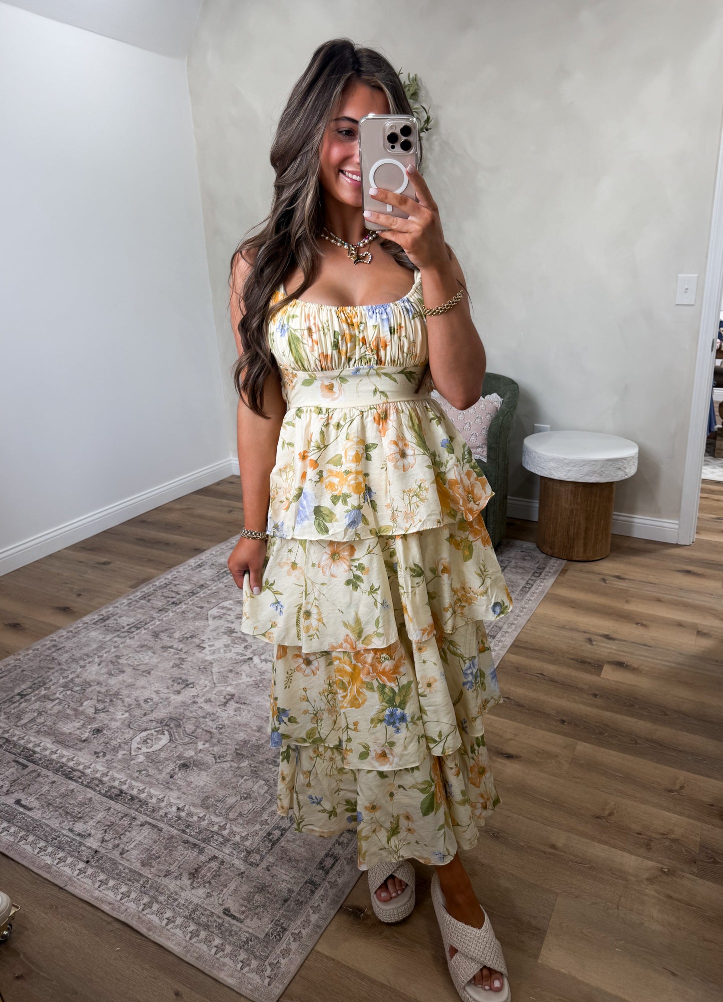 Garden Glow Floral Ruffle Tiered Midi Dress - butter yellow multi