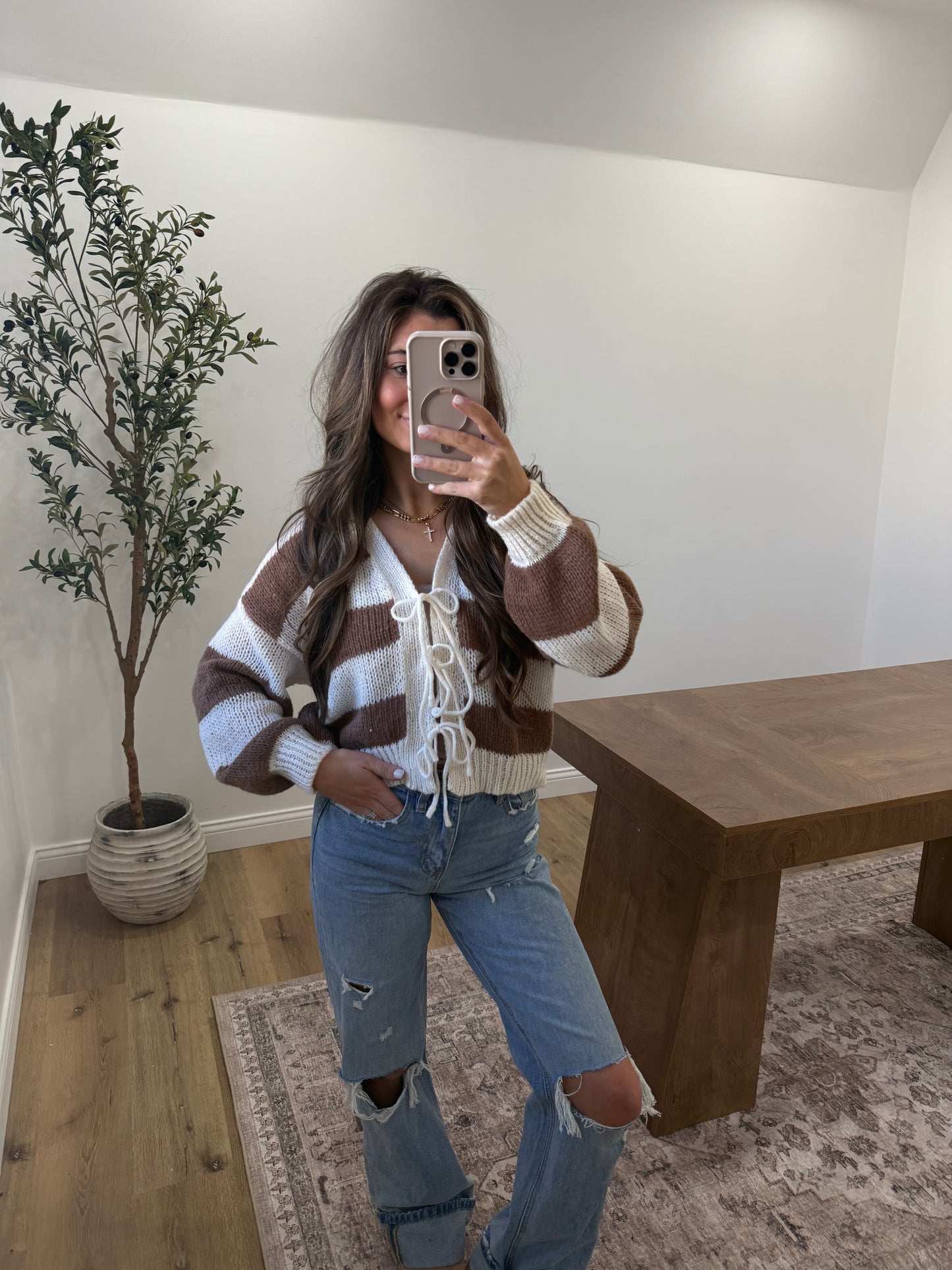 Striped Front Tie Cardigan- cream/brown