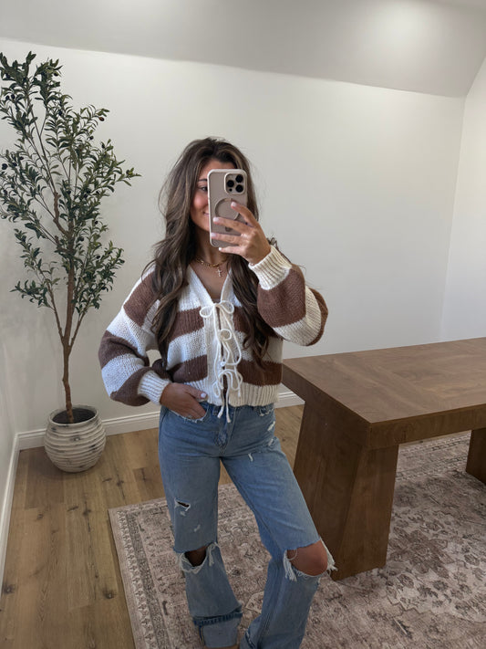 Striped Front Tie Cardigan- cream/brown