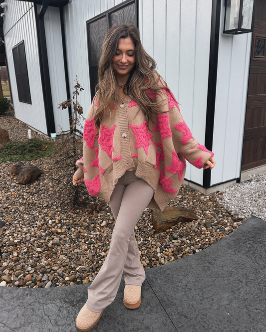 Starry Oversized Cardigan- Taupe/Fushia